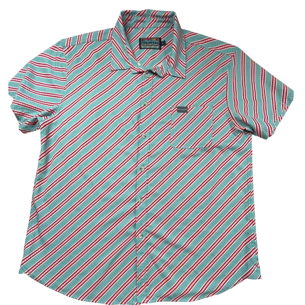 Burlebo Mens XL Performance Button Down Shirt Red White Teal Stars Stripes
